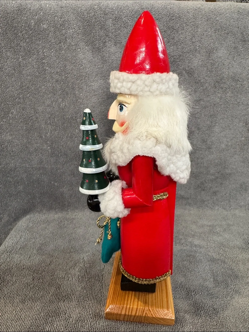 1990s 13.75 inch Santa Nutcracker with Green Tree and Sack of Toys Holiday Decor
